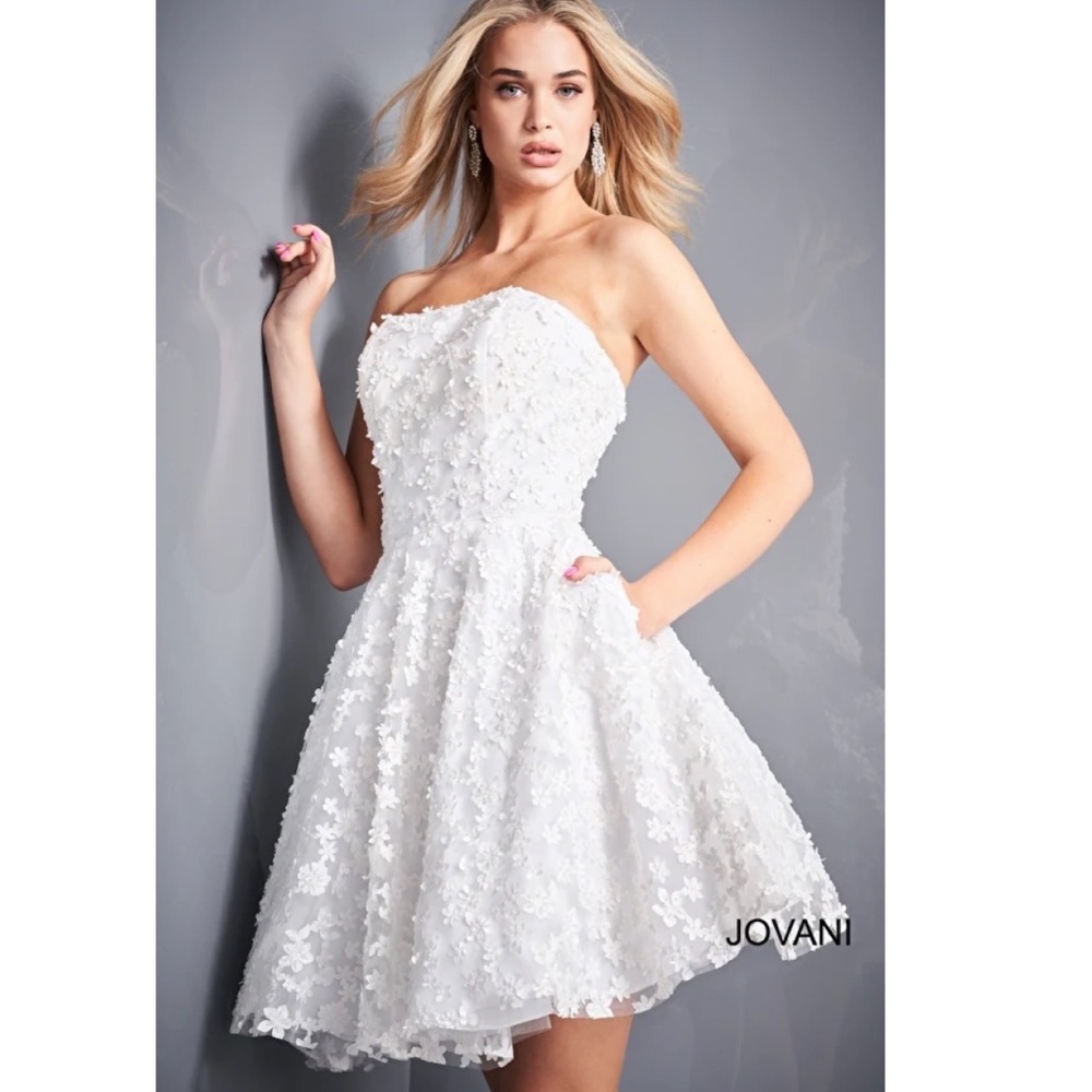Jovani - 02564 White Strapless Floral Appliqued A-Line Dress Cocktail Formal